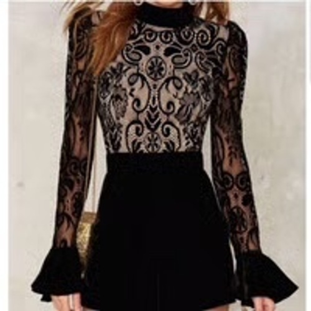 Nasty Gal Collection Lace Velvet Mock Neck Bell Sleeve Romper Black Small